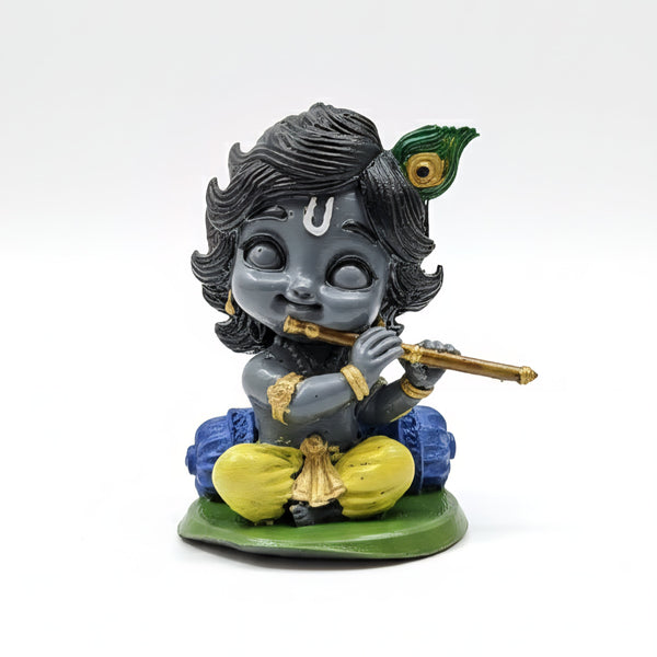 Baby Krishna Idol Playing Flute – Hand-Painted Resin Bal Gopal Murti for Home Décor & Gifts